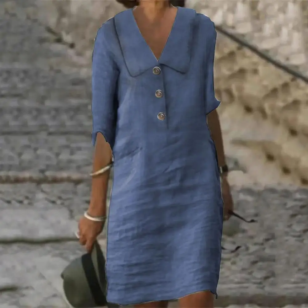 

Popular Women Dress V-neck Knee-Length Summer Dress Vintage Solid Color Loose Pullover Dress