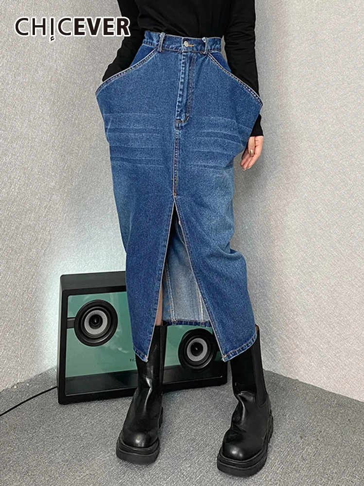

CHICEVER Casual Denim Skirt For Women High Waist Patchwork Pockets Side Split Slimming Skirts Female 2022 Spring Clothing Style