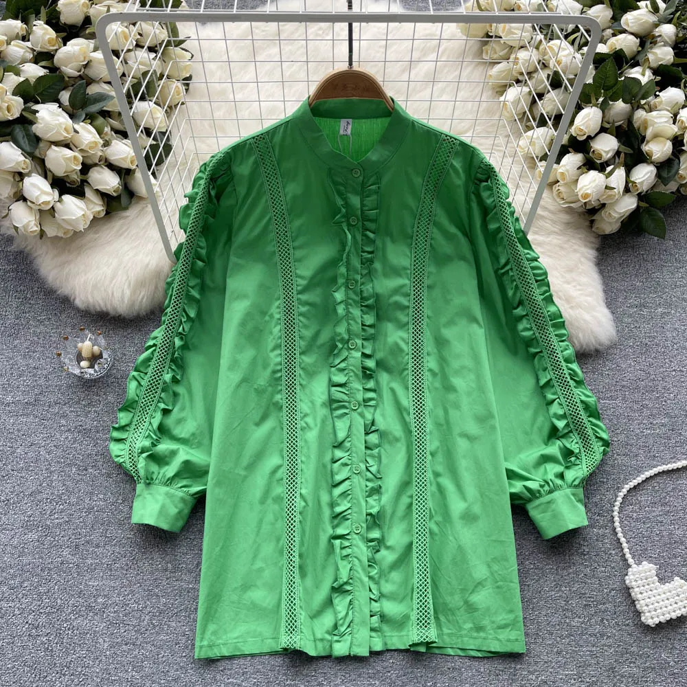 

Французская мода ретро деревянный ушной край корейский стиль с длинным рукавом великолепные свободные топы