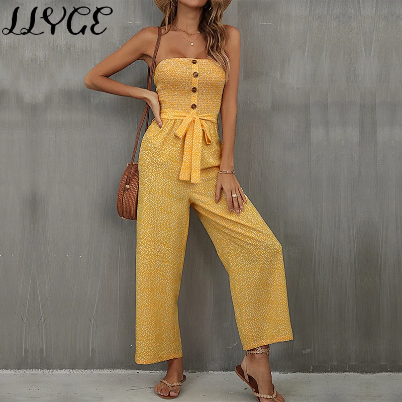

Sexy Summer Women's Wide Leg Jumpsuit Rompers Bow Button Single Breasted Pocket Elegant Floral Print Slim Jumpsuits