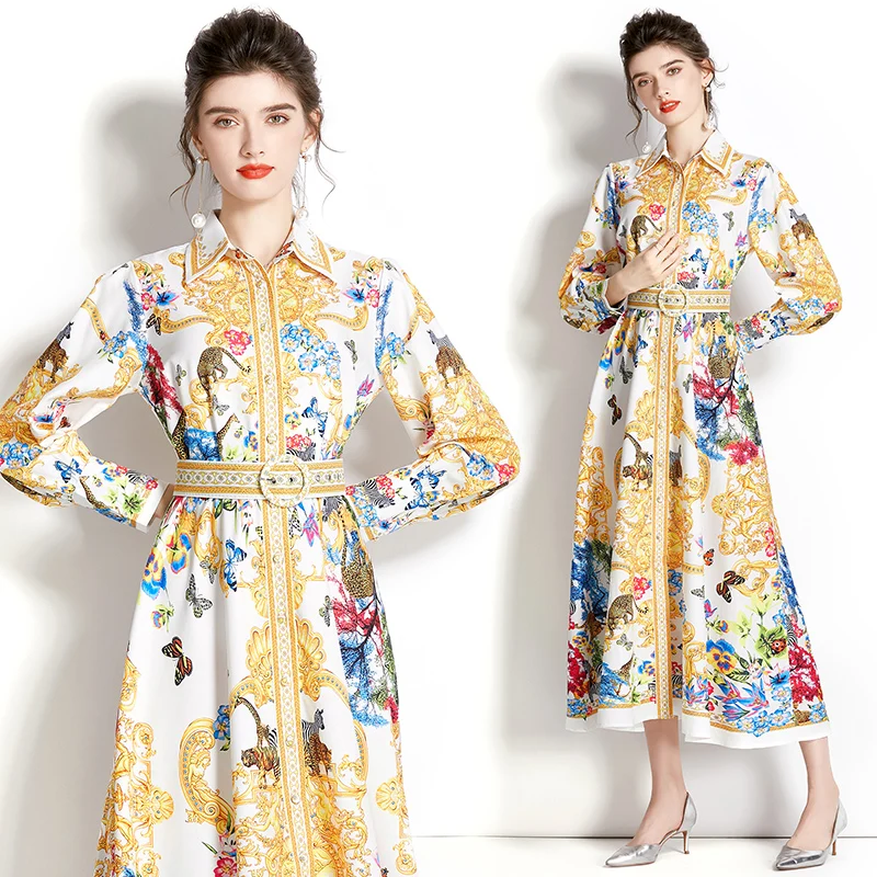 

Vintage Ethic Style Vacation Runway Dress Women Floral Print Elegant Maxi Long Dress Turkish Islamic Clothing Jalabiya With Belt