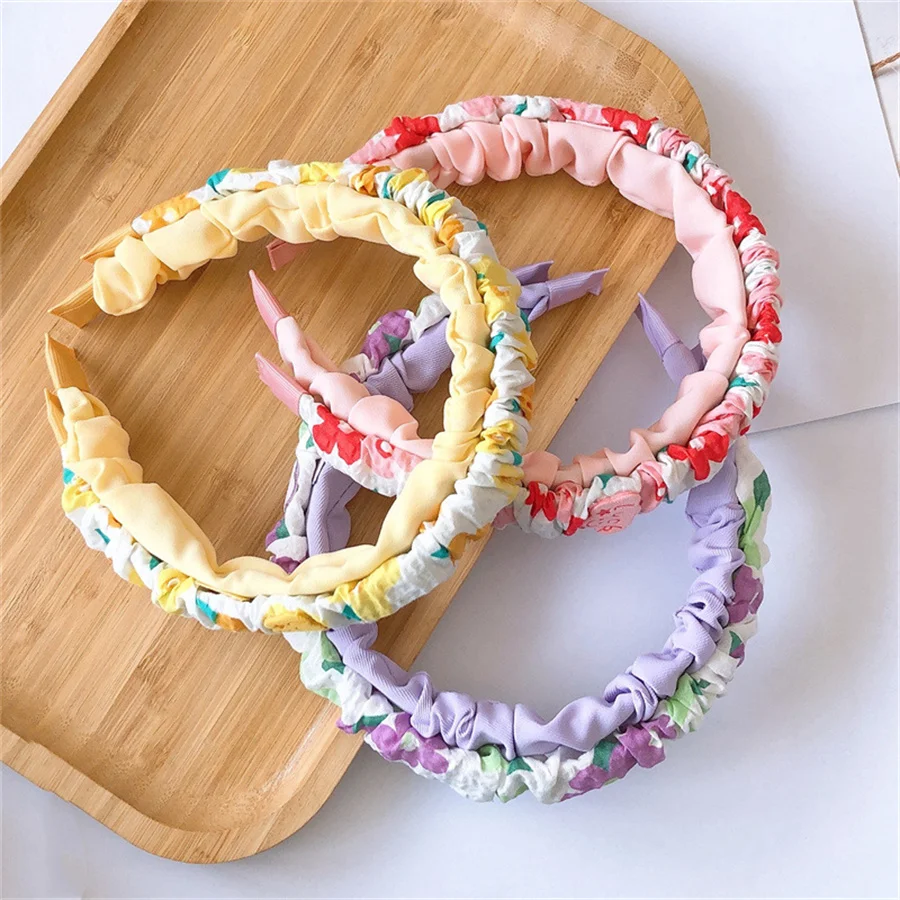 

2Pcs/Set Girls Printed Pleated Headband Solid Color Hairband Student Fashion Hair Hoop Princess Headress Kids Hair Accessories