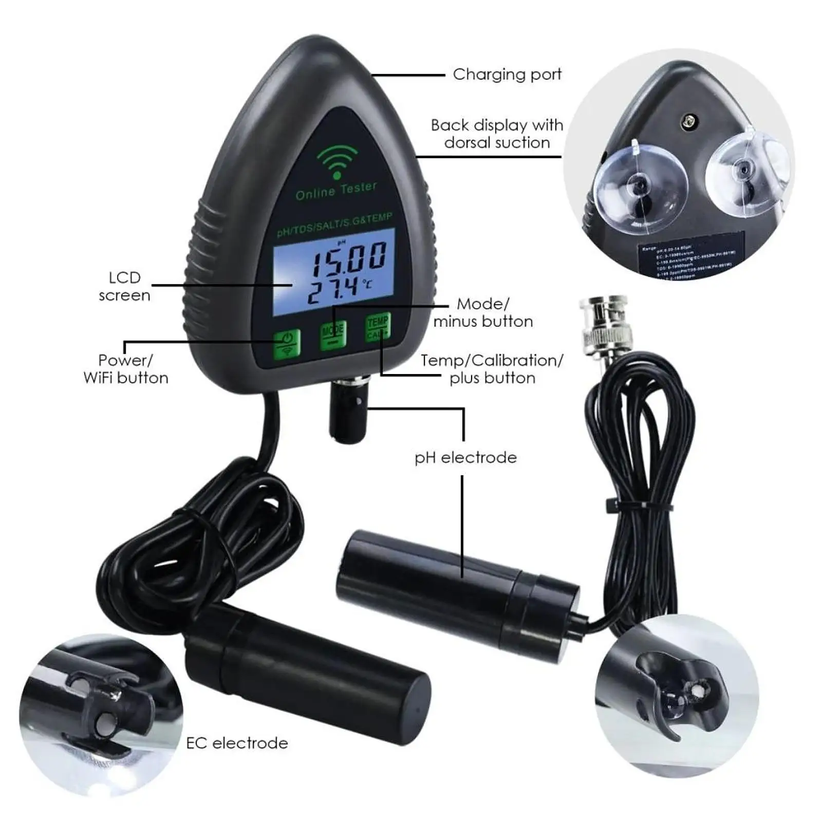 Тестер качества воды 5 в 1 PH Tds Salt SG Temp Monitor приложение для управления бассейнами