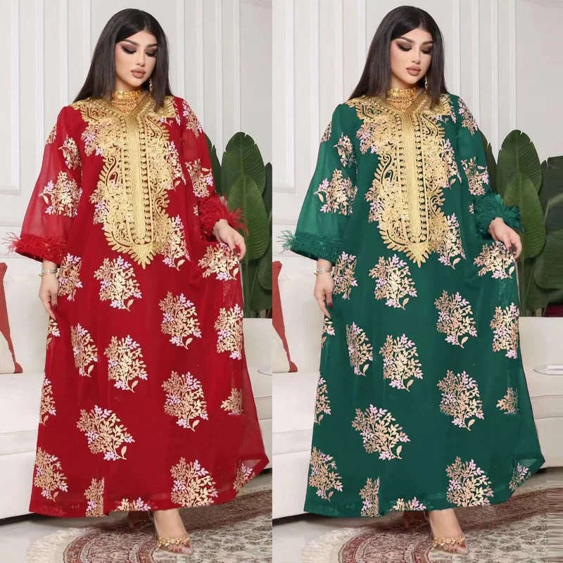 Evening Year Muslim Dress for Women Summer New Middle East Dubai Long Dress Embroidered Ostrich Feather Gold Lace Dress