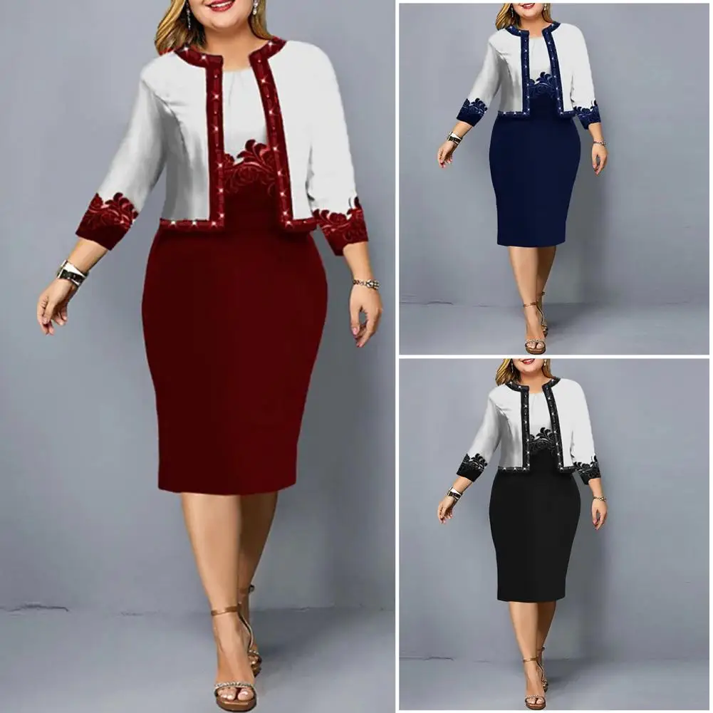 

2Pcs/Set Women Dress Short Coat Set Slim 3/4 Sleeve Flower Print Cardigan Coat Dress-up Contrast Color Jacket Top And Dress Suit