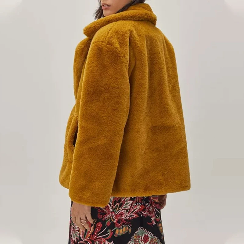 2022 Fall Winter Thick Warm Women Faux Fur Jacket Turn Down Collar Pockets Caramel Rabbit Fur Coat Female Thickened Outerwear