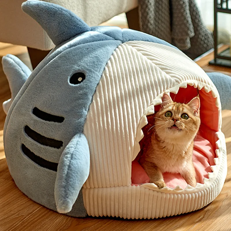 

Домик для домашних животных «Акула», милая спальная кровать, теплая мягкая Лежанка для котят, моющаяся подстилка для кошек, Всесезонная палатка