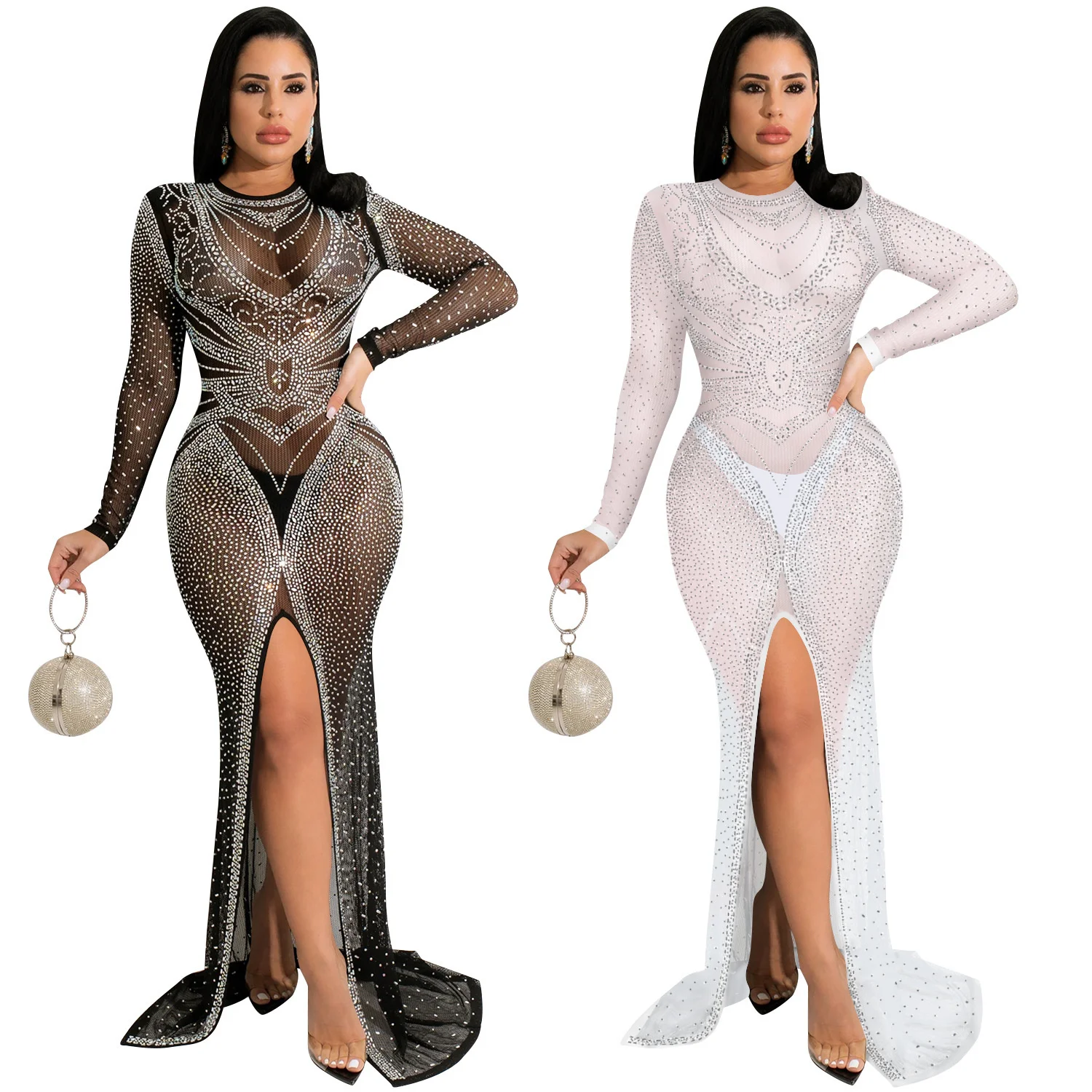

Cutubly Elegant Dresses Stretchy Diamonds Long Sleeve Dress Women Mesh See-through Slit Skinny Fall Winter Bodycon Maxi Outfit