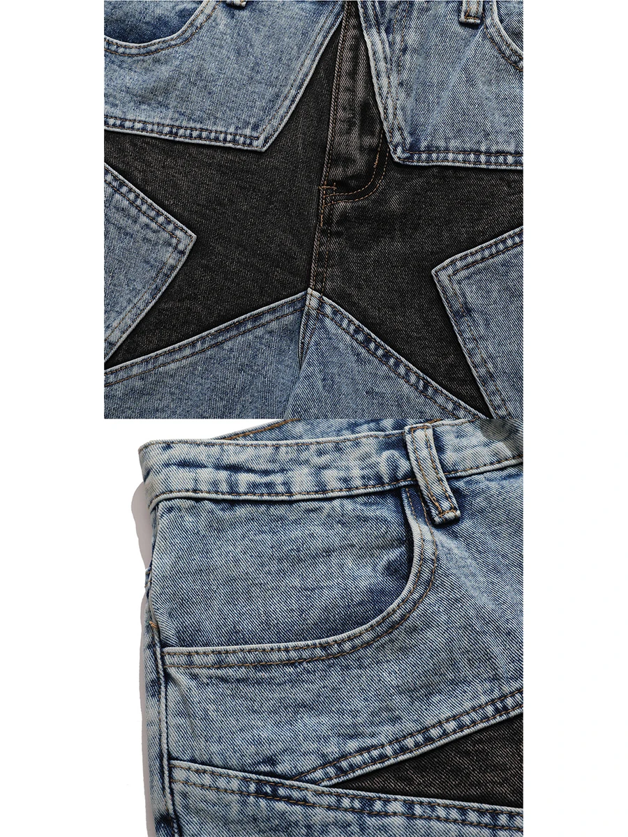 Summer Shorts Star Patch Embroidered Denim Shorts Men's Harajuku Street Hip-hop Stitching Loose Casual Jeans Oversized Shorts