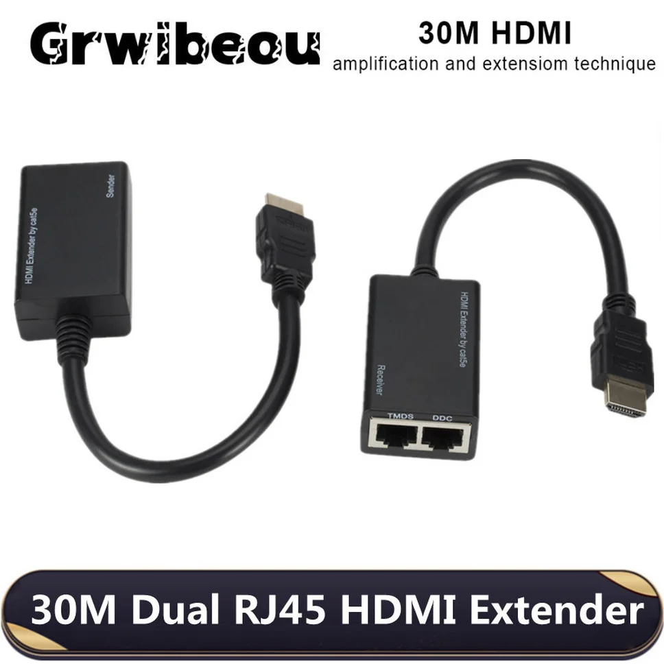 

1080P HDMI Extender RJ45 Up to 10ft(30m）Transmitter Receiver, 2 Ports RJ45 HDMI Adapter CAT 5e CAT6 LAN Ethernet Cable Adapter