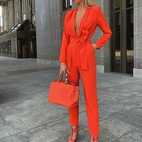 women romper solid color anti wrinkle anti pilling tight waist with belt formal deep v neck autumn jumpsuit female clothes