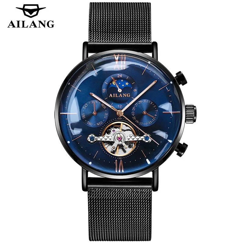 

AILANG Luxury Classic Moon Phase Tourbillon Watch Men Automatic Mechanical Watch Fashion Steel Mesh Belt Clock Reloj Hombre