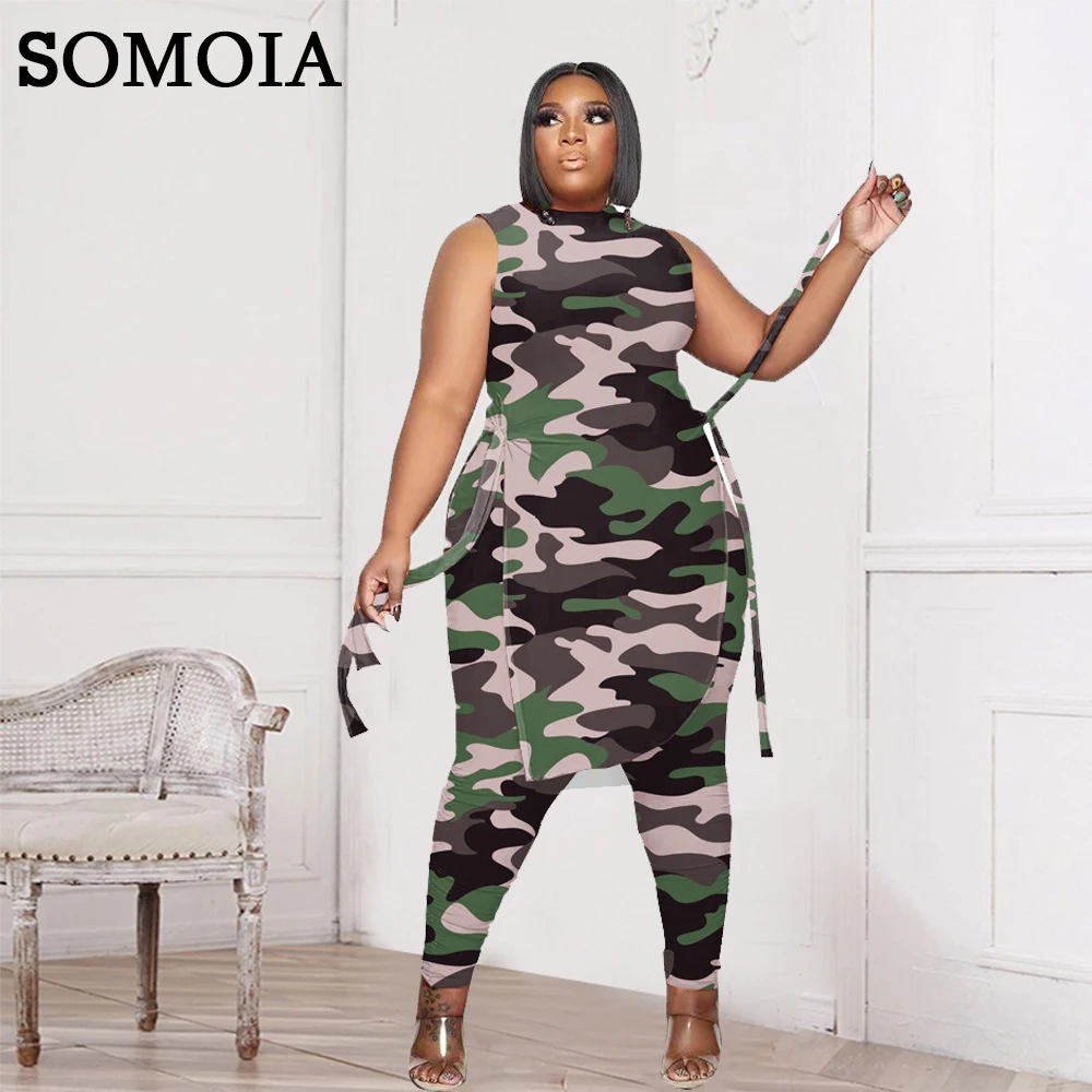 

SOMOIA Plus Size Women Clothing Sleeveless Top Trousers Two Piece Fashion Camouflage Print Crew Neck Set Wholesale Dropshipping