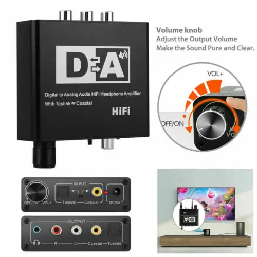 32-192KHz Hifi DAC Amp Digital To Analog Audio Converter RCA 3.5mm Jack Headphone Amplifier Toslink Optical Coaxial Output DAC