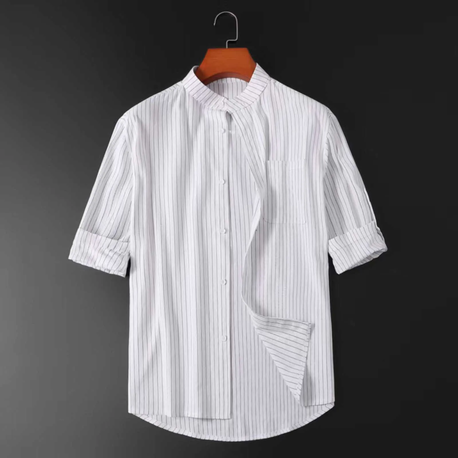 

Мужская рубашка с длинным рукавом, Повседневная приталенная рубашка в полоску, с воротником-стойкой и коротким рукавом