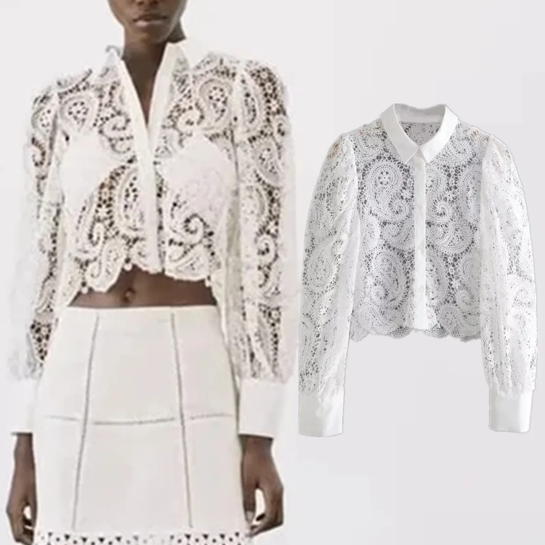 

Jenny&Dave 2022 Indie Folk Vintage Crochet Hook Knitted White Hollow Out Sexy Blouse Women Fashion Lace Shirt Tops