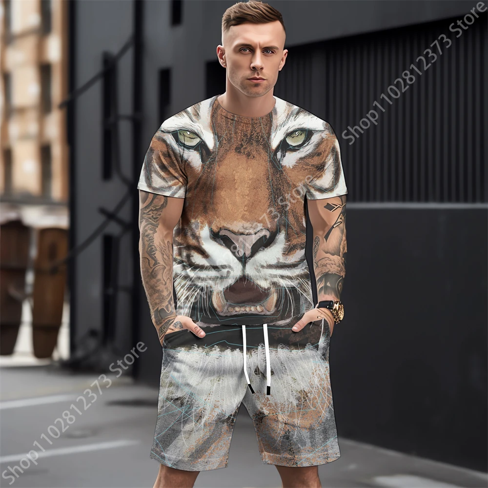 2023 Summer New Man Tracksuit Set Men Casual Short Sleeve T Shirts Two Piece Sets Fashion 3D Tiger Printing Sports Men Clothing