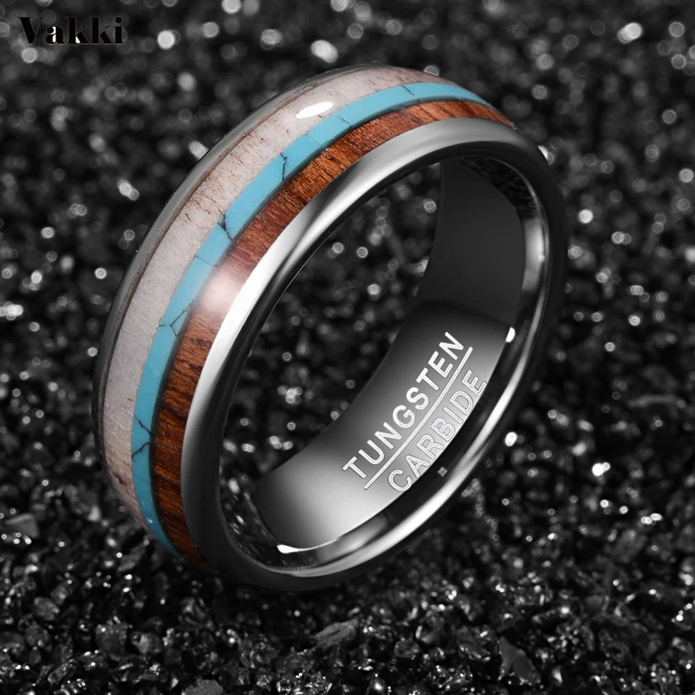

Deer Antlers Green Turquoise Stone Wedding Rings For Men High Polish Dome Wood Men Tungsten Carbide Ring size 7/8/9/10/11/12