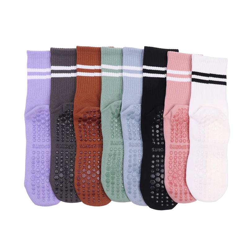 

1Pair Cotton Breathable Mid-calf Yoga Socks Solid Color Striped Anti-slip Sports Socks Pilates Socks Dance Fitness Training Sock