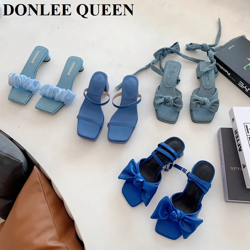 

Синие нишевые босоножки в стиле блоггера, джинсовые сандалии на ремешках, женские тапочки, летняя обувь в римском стиле, Сланцы на среднем в...