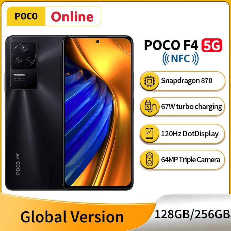 

New POCO F4 Global Version Snapdragon 870 5G Cellphone NFC 120Hz AMOLED DotDisplay 67W Fast Charging 64MP Triple Camera Wi-Fi 6