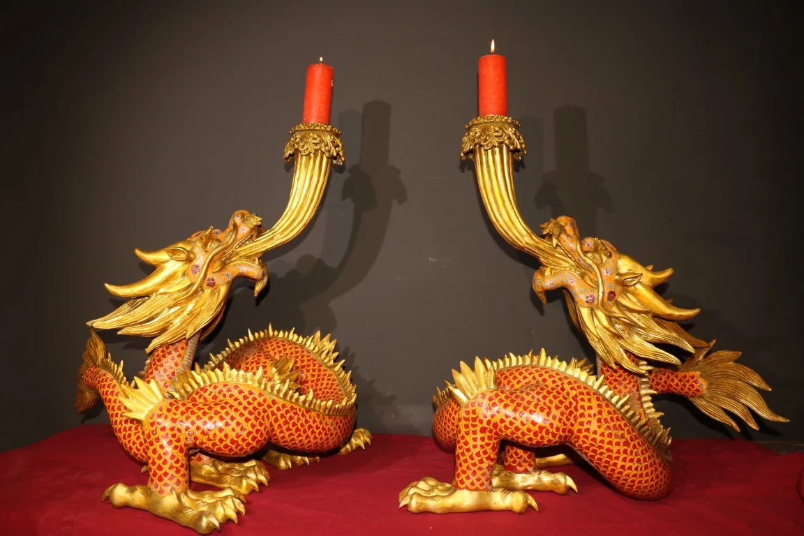 23Tibet Temple Collection Old Bronze Cloisonne Enamel Chinese Dragon Dragon spits water oil lamp Candlestick A pair Town house