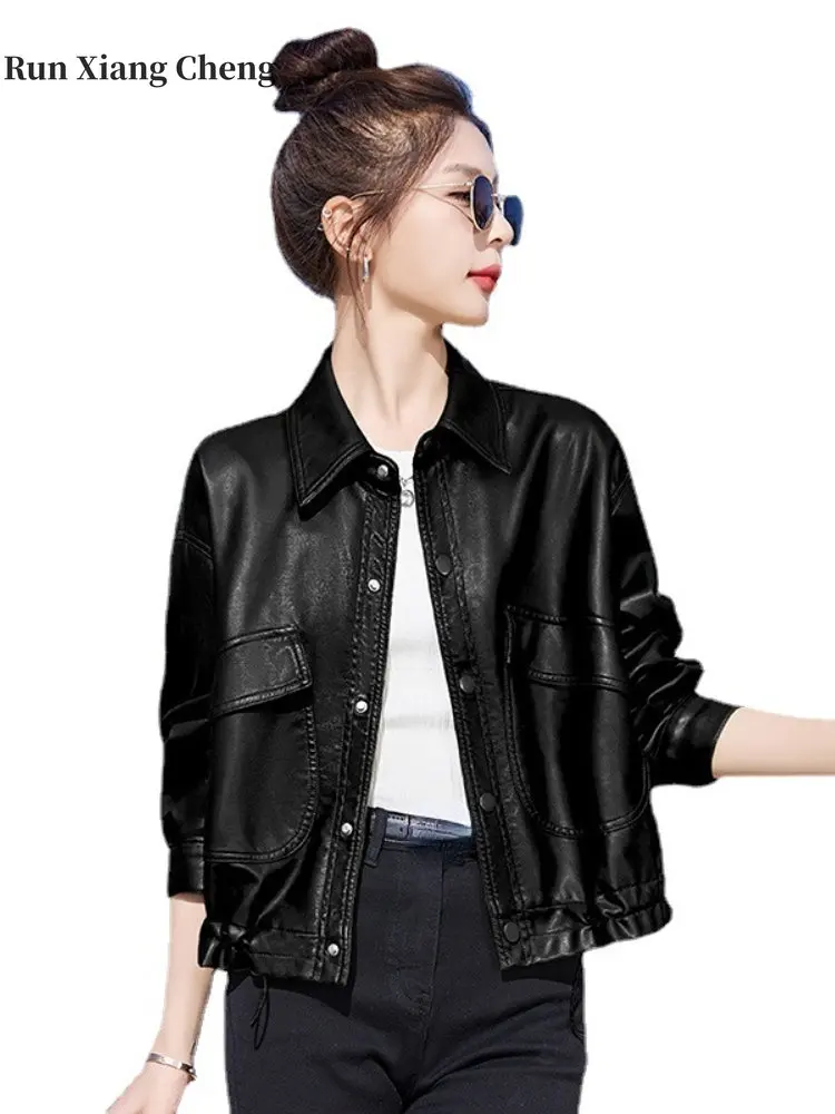 2023Women's Autumn Korean Style PU Leather Jacket Imitation Leather Leather Street Fashion Turn-down Collar Motorcycle Style Top