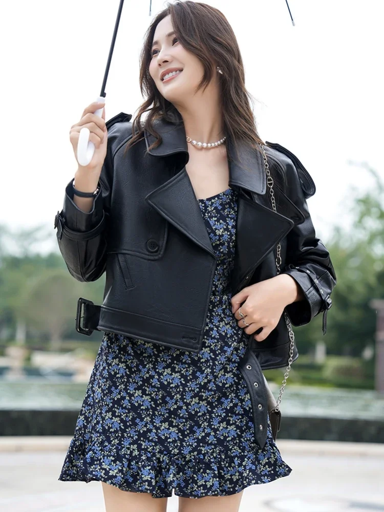 Фото Короткие кожаные куртки с высокой талией для женщин, весна-осень 2025, новые, высококачественные, однотонные, простые, свободные, повседневные, из натуральной овчины №2