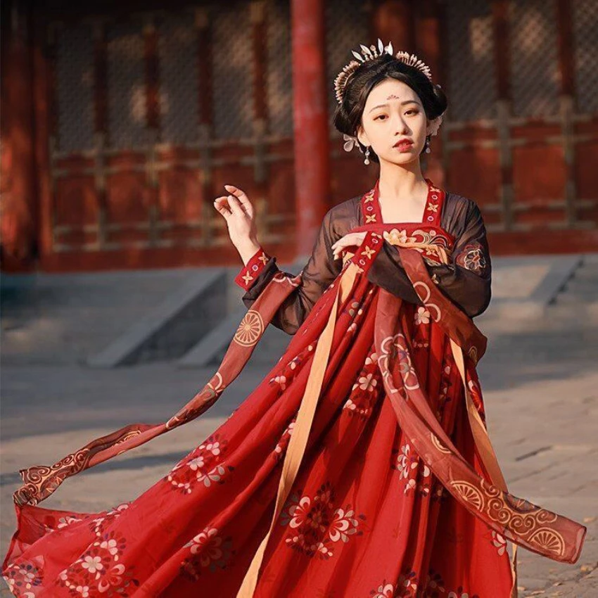 

2022 Summer Traditional Chinese Printed Hanfu Dress Woman Vintage Floral Stage Dance Costume Tang Dynasty Festival Party Clothes