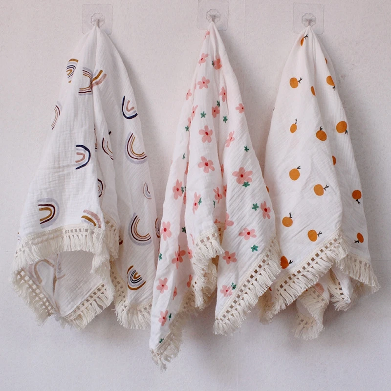 

Muslin Tassel Baby Blanket Double-layer Cotton Newborn Swaddle Wrap for Girl and Boy Child Bath Towel Printed Stroller Blanket