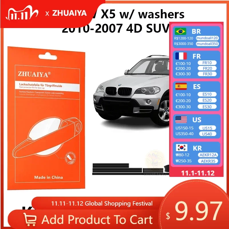 

Защитная пленка ZHUAIYA для красок дверной ручки, защитная пленка из ТПУ PPF для BMW X5 w/ washers2010-2007 4D SUV, автомобильные аксессуары