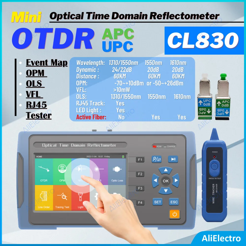 

CL830-7U Mini OTDR 1310/Нм 26/24/22 дБ волоконно-оптический рефлектометр 60 км-70 ~ 10 дБ сенсорный экран OLS OPM VFL