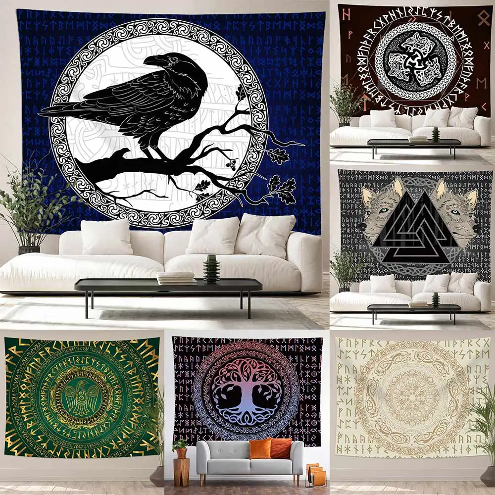 

Valhalla Viking Raven Tapestry Mysterious Meditation Psychedelic Runes Art Wall Hanging Tapestries for Living Room Decor