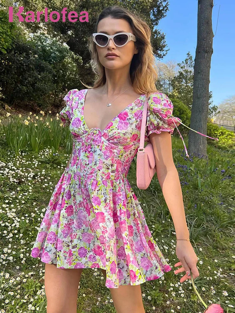 

Karlofea Fashion Floral Print A Line Mini Dresses Women Traf Vacation Outfits Sweet Underwired Short Puff Sleeve Corset Dress