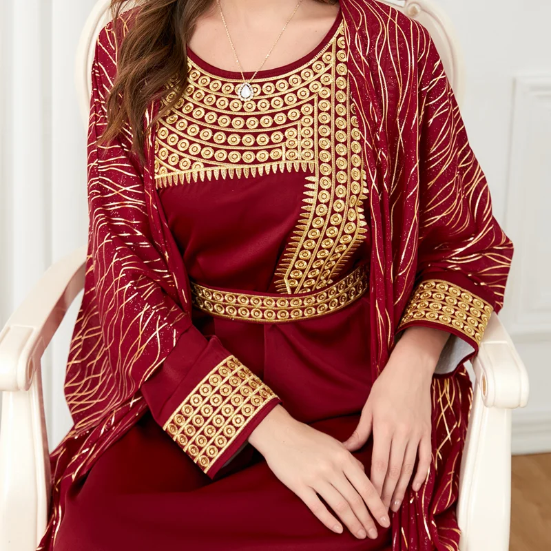 2023 Summer Autumn Muslim Women Long Sleeve O-neck Polyester Red Black Green 2 Pieces Set Dress Coat Matching Sets  Muslim Sets