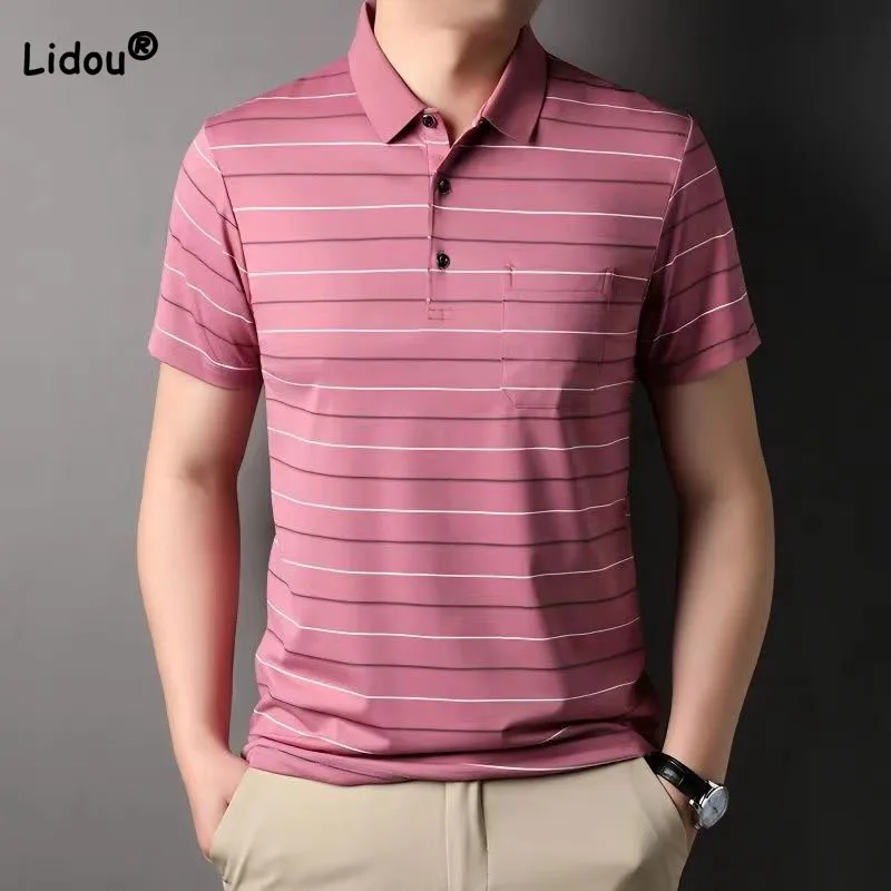 

Summer Classic Fashion Striped Printed Polo-Neck Shirt Business Office Male Clothes Trend Casual Short Sleeve Men's T-shirt