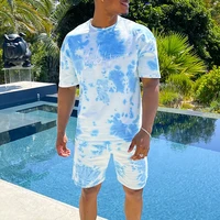 summer tie dyed letter print loose sports suit men short sleeve o neck pullover t shirt elastic mid waist straight shorts suit