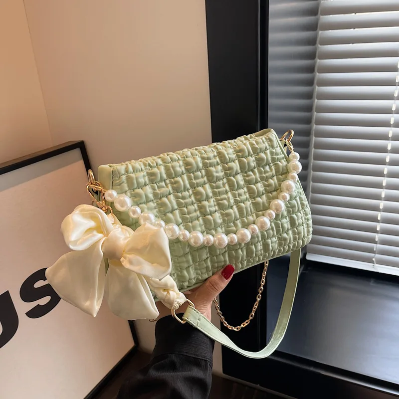 

Brand Designer Wool Plaid Quilted Women's Shoulder Bag Simple Chain Pearl Bow Crossbody Bag Small Rectangle Handbag
