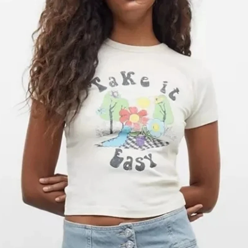 Супершикарные белые хлопковые женские футболки с мультяшным принтом букв