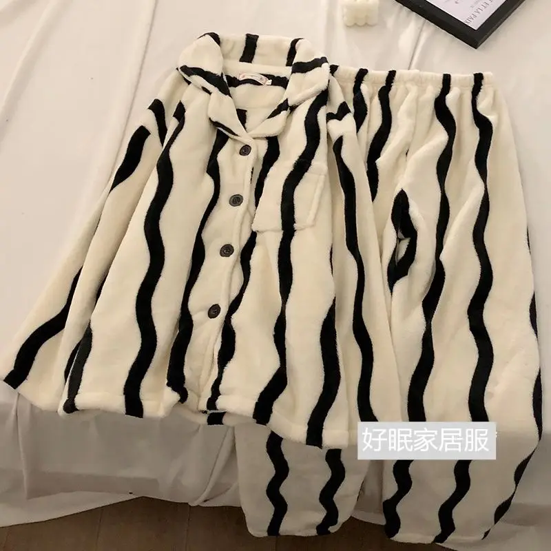 Pajama Female Panda Print Cartoon Winter Thick Fluffy Coral Fleece Sweet Cute Warm Set