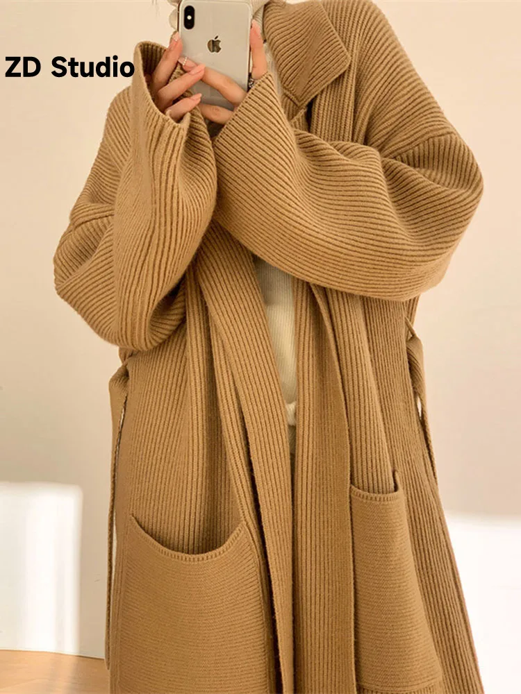 

[ZD Studio] Lapel Long Sweater Women's Coat Autumn Winter New Style Lazy Senior Feeling Gentle Soft Waxy Loose Knit Cardigan