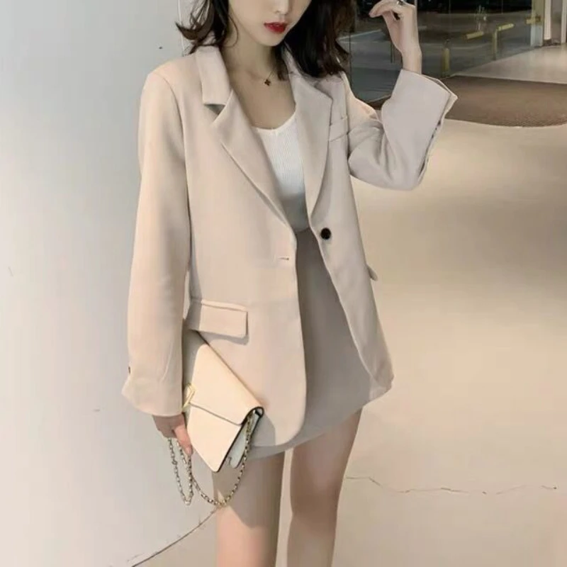 High Waist Slim Elegant Suit Skirt Korean Style Fashion Retro Loose Jacket 2-Piece Set Solid Female Business Casual Skirt Set