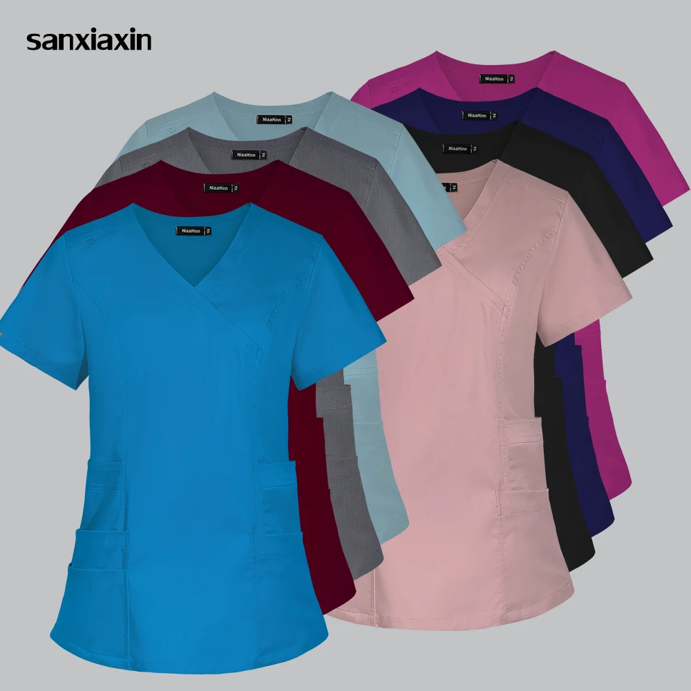 

Nurse Uniforms Women Solid Short Sleeve Scrubs Tops Dentistry Workwear Spa Blouse Medical Nursing T-shirts Beauty Salon Overalls