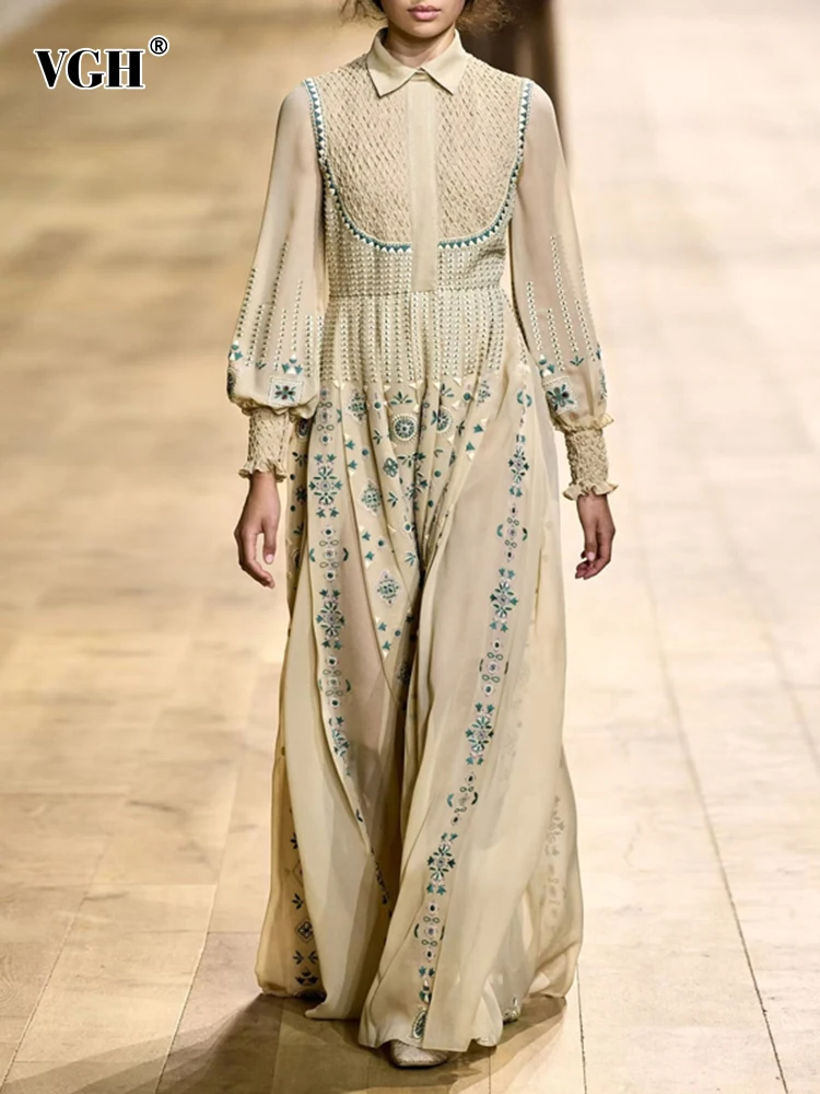 

Женское платье с отложным воротником VGH, элегантное Сетчатое платье с длинным рукавом и вышивкой в виде цветных блоков, с высокой талией