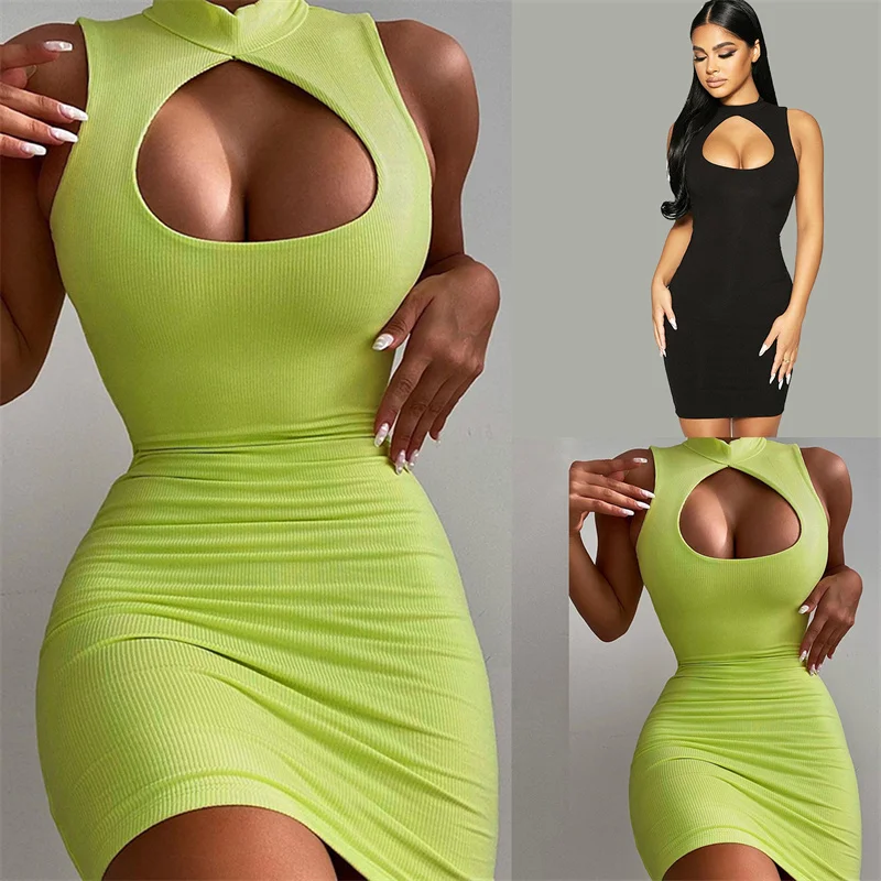 

Solid Mini Dress Halter O-Neck Hollow Out Sleeveless Bodycon Aesthetic Stunning Hipster Party Sexy Club Wear Simple Wild Office