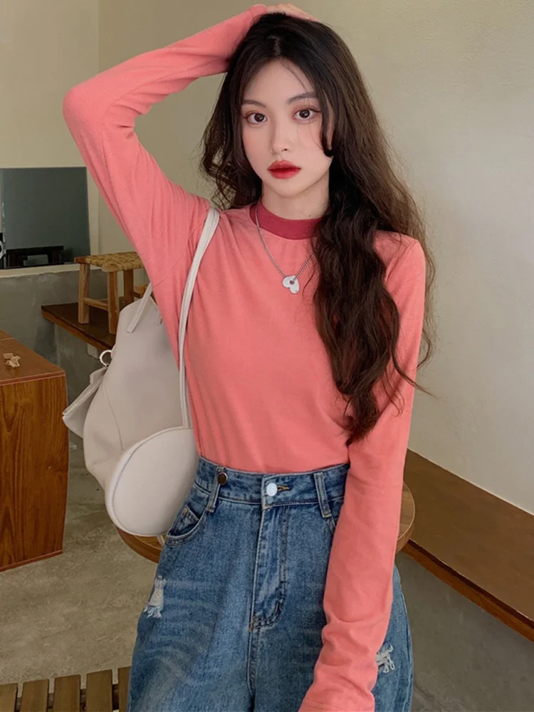 

Женская Однотонная футболка в стиле Харадзюку, Повседневная облегающая футболка с длинным рукавом и круглым вырезом, утепленные топы, женская одежда, 2022