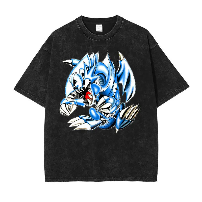 

Anime Yu Gi Oh T Shirt Men Blue Eyes white Dragon washed women T-shirts Streetwear Casual Manga Top Tee Cotton camiseta футболка