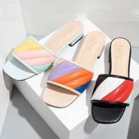 slipper heels fashion embroidery thread color block thick heel high heel slippers low heels summer all match female sandals