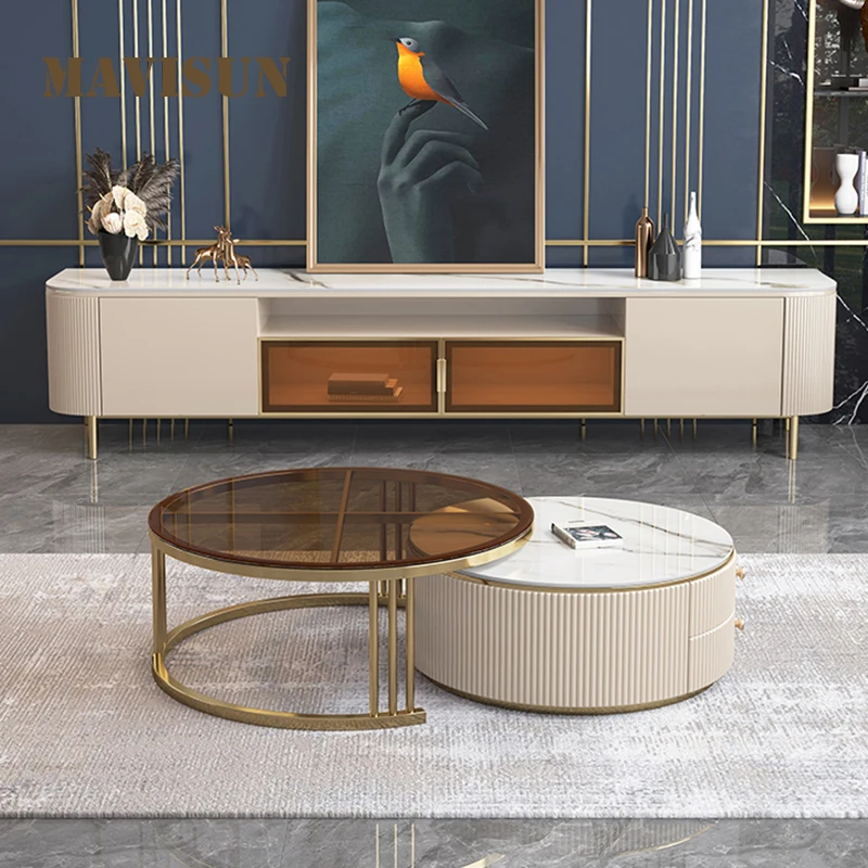Luxury Bright Slate Round Coffee Table Tv Cabinet Combination Glass Modern Minimalist Tavoli Da Pranzo Outdoor Furniture FGM