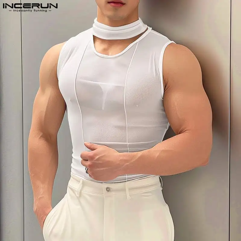 Майка INCERUN Мужская однотонная прозрачная сетчатая ажурная водолазка без рукавов